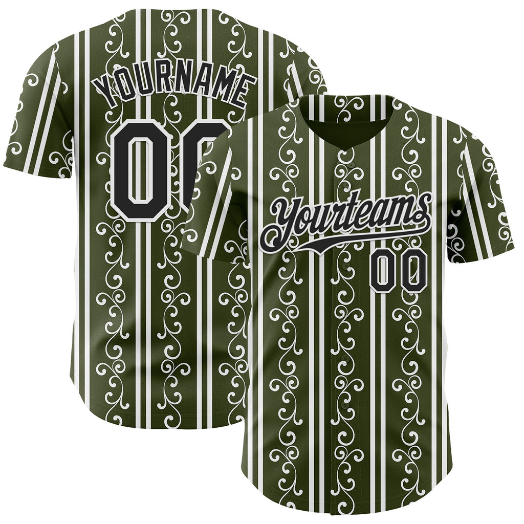 Custom Olive Black-White Baroque Floral Scroll Authentic Baseball Jersey