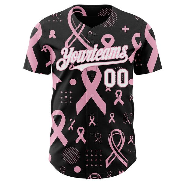 Custom Black White-Light Pink Breast Cancer Awareness Pink Ribbon Authentic Baseball Jersey