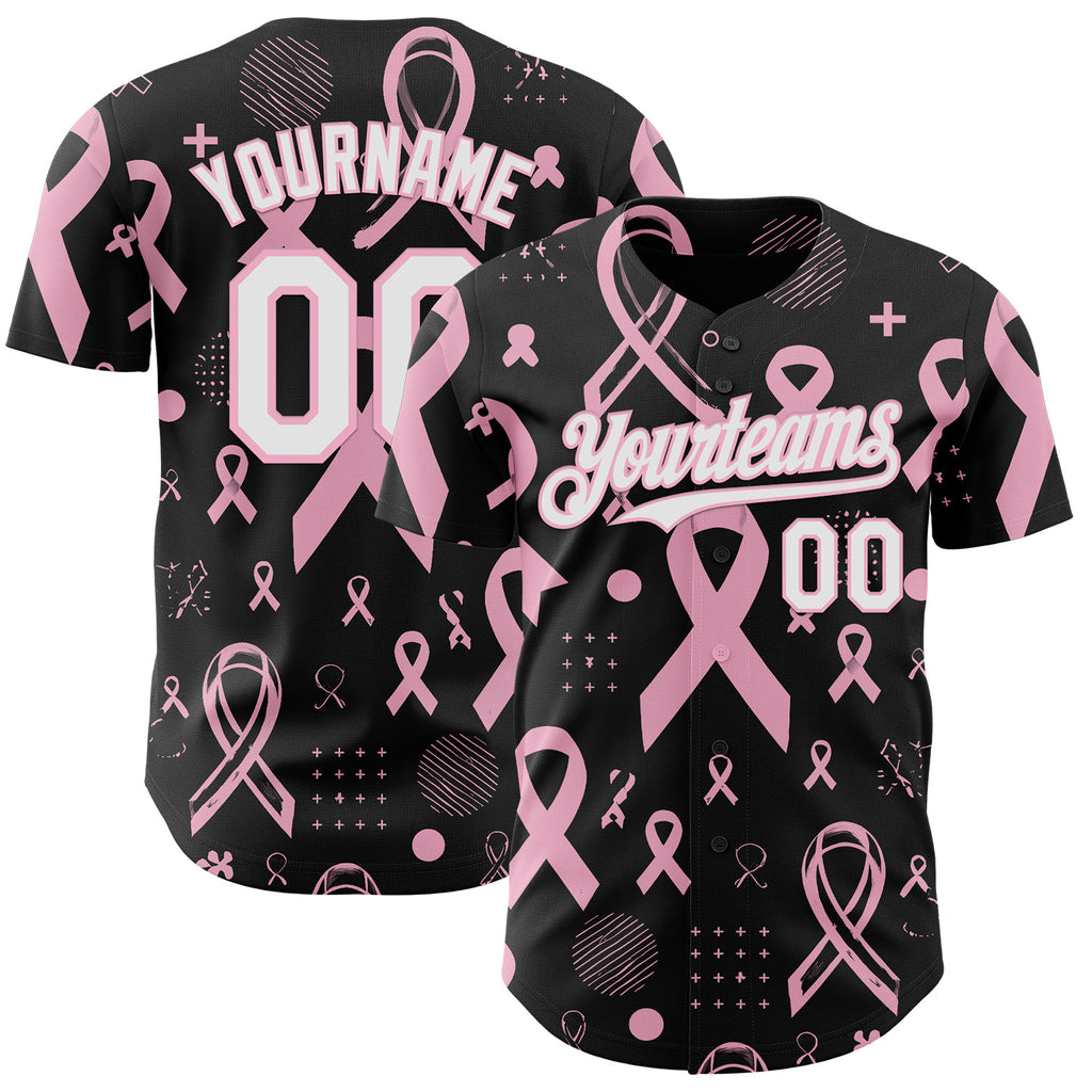 Custom Black White-Light Pink Breast Cancer Awareness Pink Ribbon Authentic Baseball Jersey
