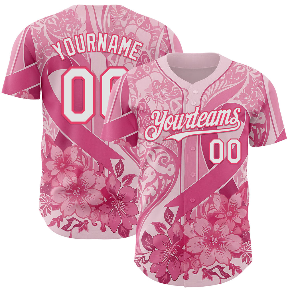 Custom Pink White-Neon Pink Breast Cancer Awareness Pink Ribbon Floral Authentic Baseball Jersey