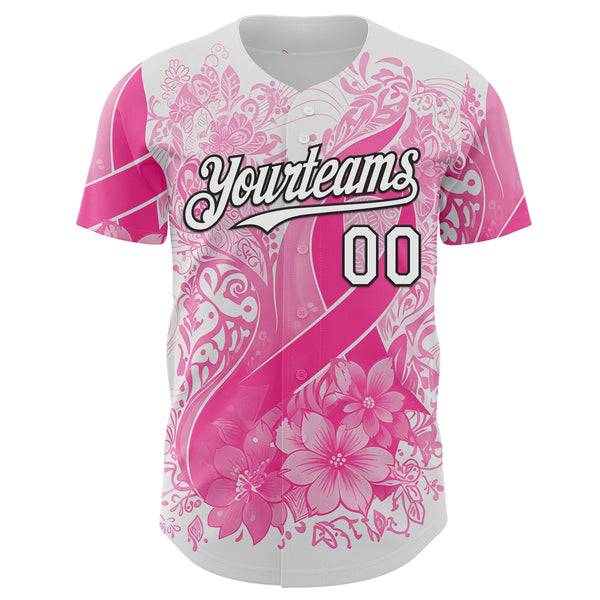 Custom White Pink-Black Breast Cancer Awareness Pink Ribbon Floral Authentic Baseball Jersey