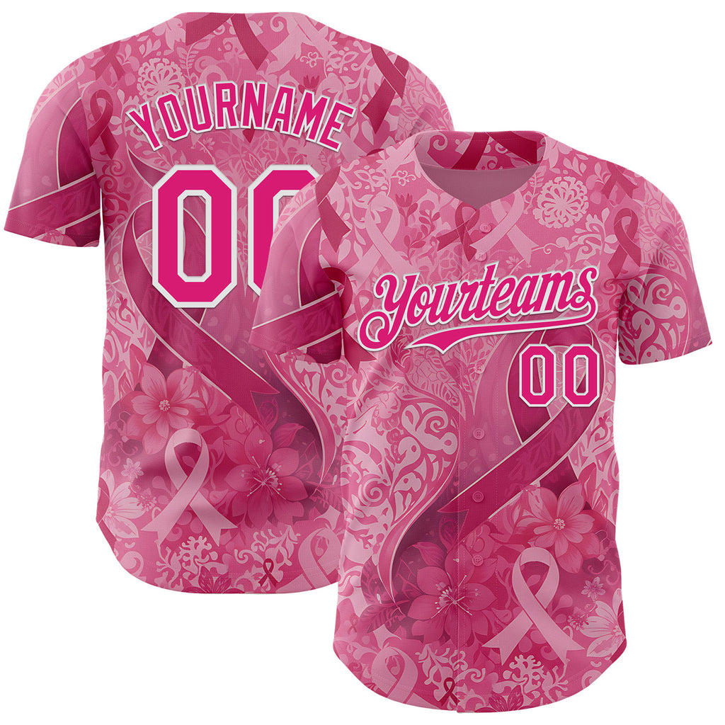 Custom Pink Hot Pink-White Breast Cancer Awareness Pink Ribbon Floral Authentic Baseball Jersey