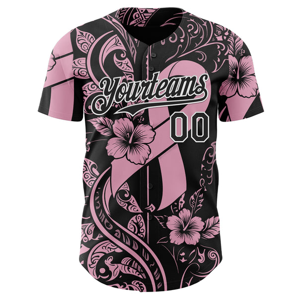 Custom Black Light Pink-White Breast Cancer Awareness Pink Ribbon Floral Authentic Baseball Jersey