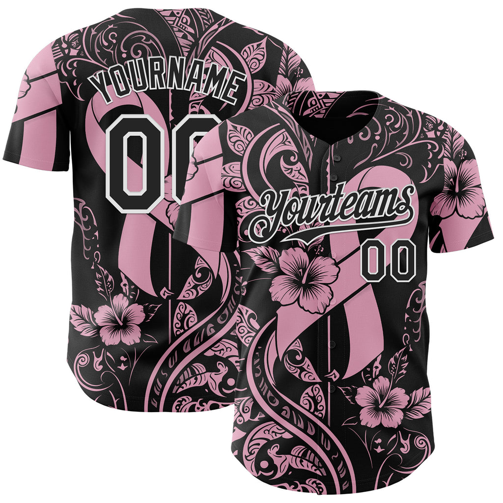 Custom Black Light Pink-White Breast Cancer Awareness Pink Ribbon Floral Authentic Baseball Jersey