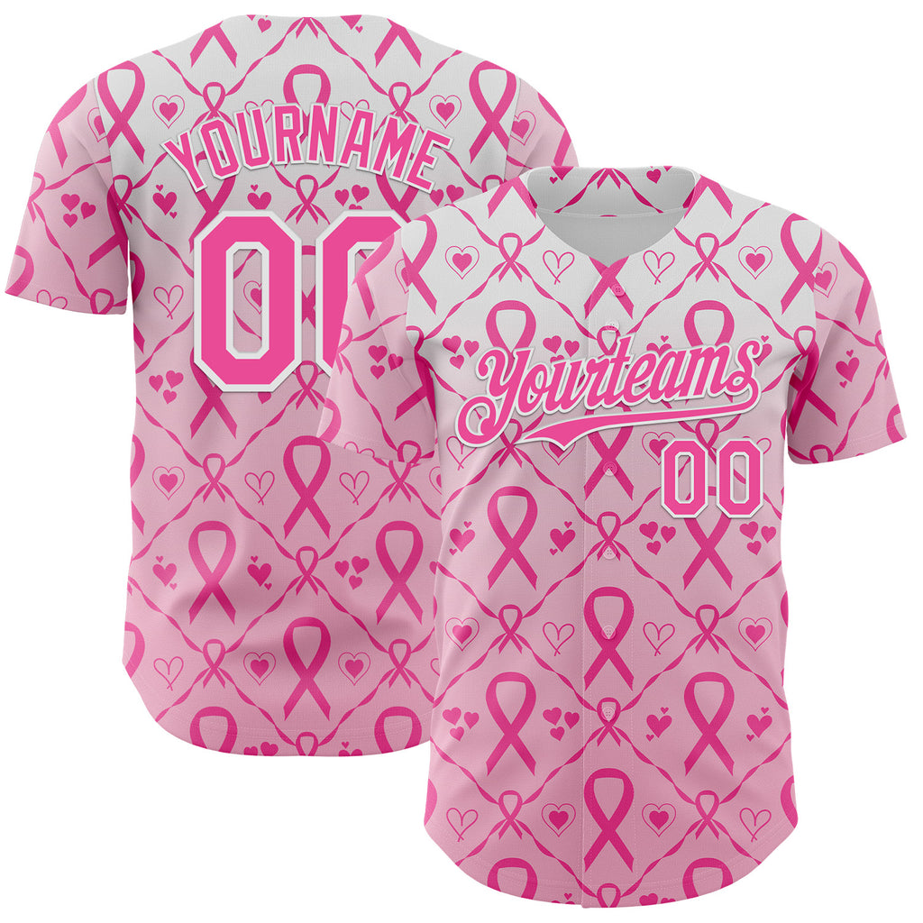 Custom White-Pink Breast Cancer Awareness Support Pink Ribbon Authentic Baseball Jersey