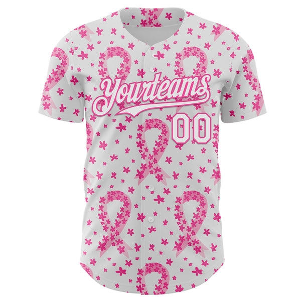 Custom White-Pink Breast Cancer Awareness Pink Ribbon Floral Authentic Baseball Jersey