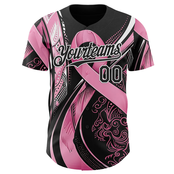 Custom Black Pink-White Breast Cancer Awareness Fight Pink Ribbon Authentic Baseball Jersey