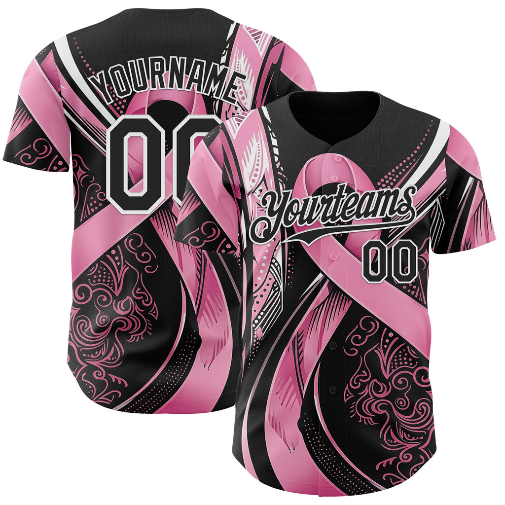 Custom Black Pink-White Breast Cancer Awareness Fight Pink Ribbon Authentic Baseball Jersey
