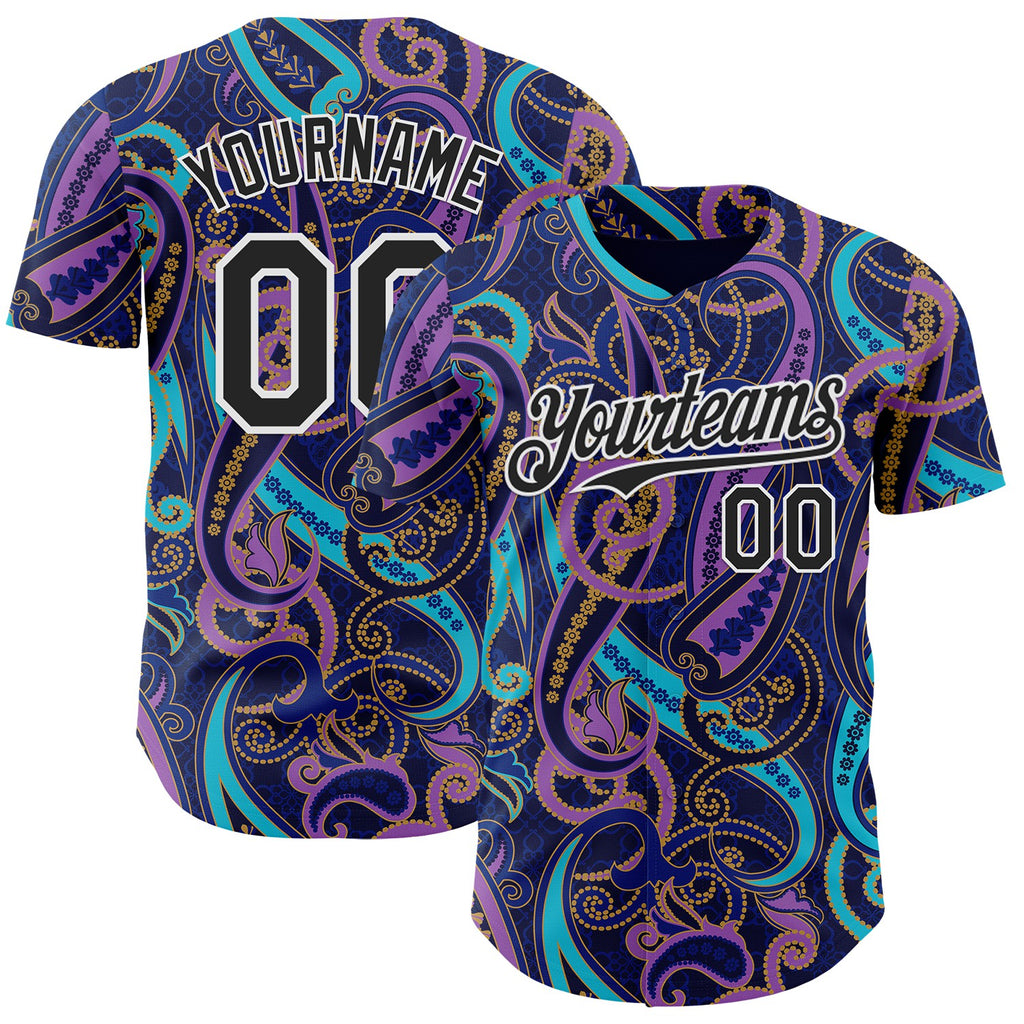 Custom Navy Black Purple Blue-White Burning Man Paisley Bandana Rave Authentic Baseball Jersey