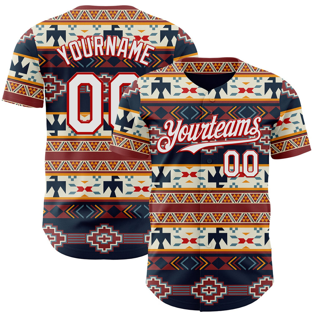 Custom Navy White Yellow-Red Burning Man Aztec Tribal Geometric Authentic Baseball Jersey