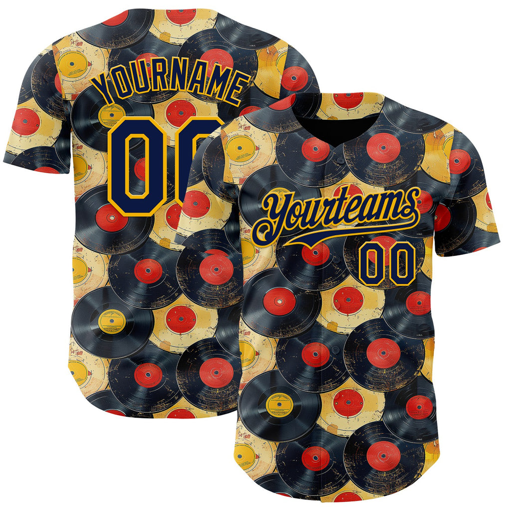 Custom Black Navy-Gold Burning Man Music Record Authentic Baseball Jersey