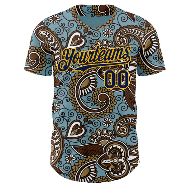 Custom Blue Navy-Gold Burning Man Paisley Bandana Rave Authentic Baseball Jersey