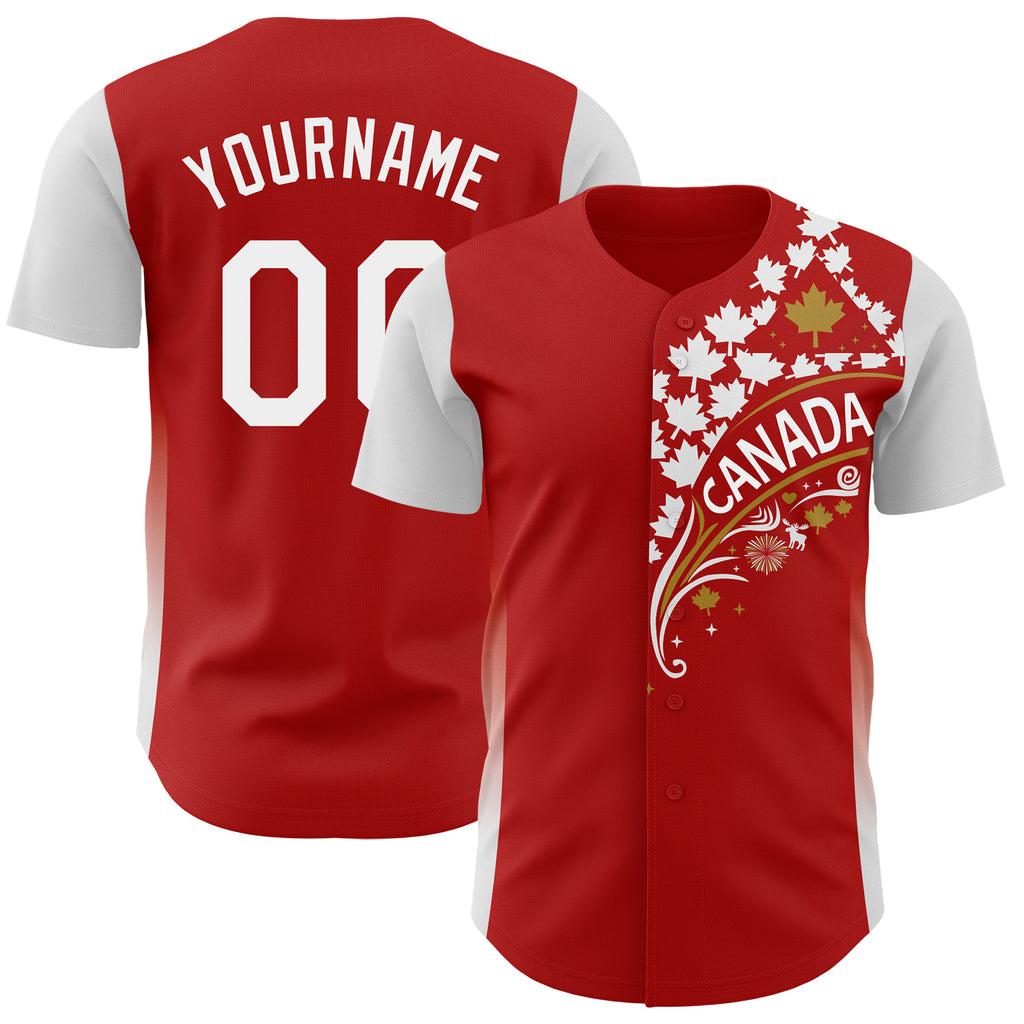 Custom Red White-Old Gold Canadian Flag Maple Leaf Authentic Baseball Jersey