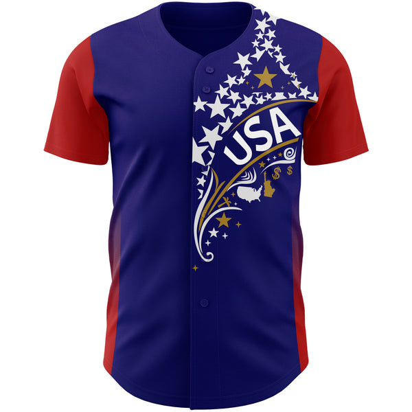 Custom Royal White Old Gold-Red USA Flag Star Authentic Baseball Jersey