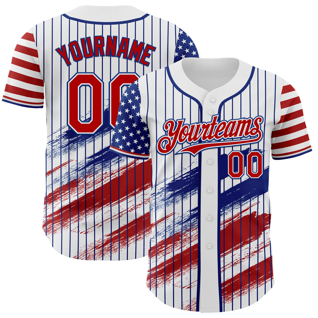 Custom White Royal Pinstripe-Red American Flag Brush Stroke Stars & Stripes Two Tone Authentic Baseball Jersey