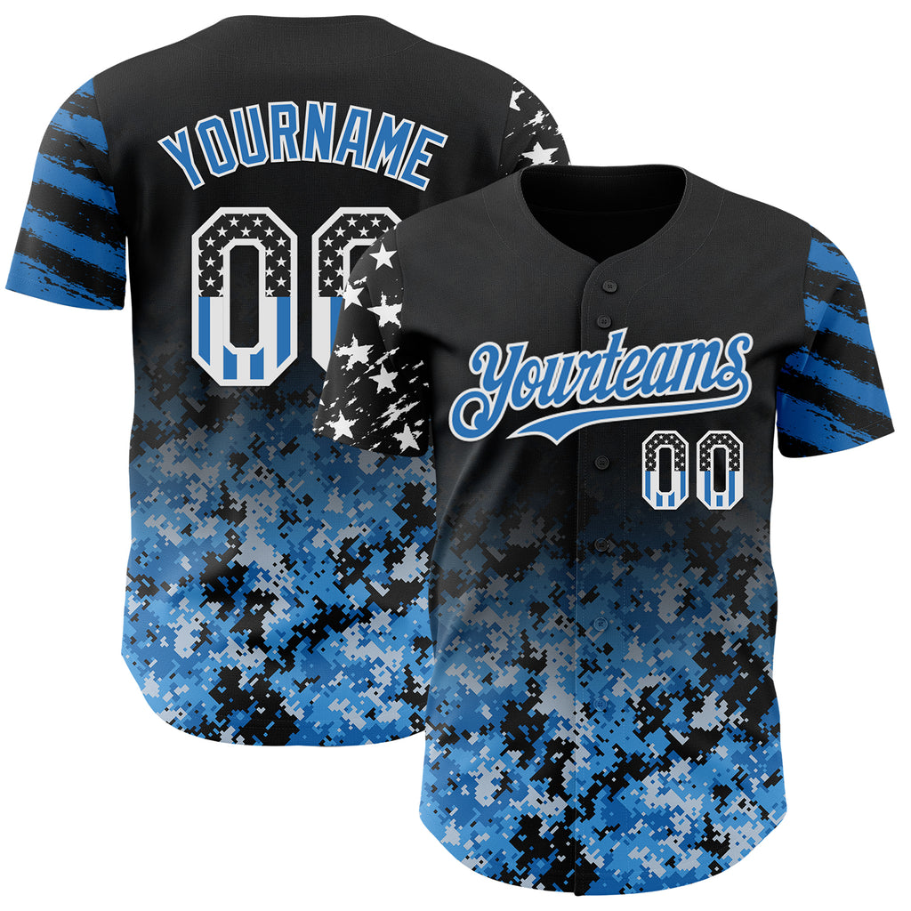 Custom Black USA Flag Camo White-Blue Gradient Digital Camouflage Stars & Stripes Two Tone Authentic Baseball Jersey