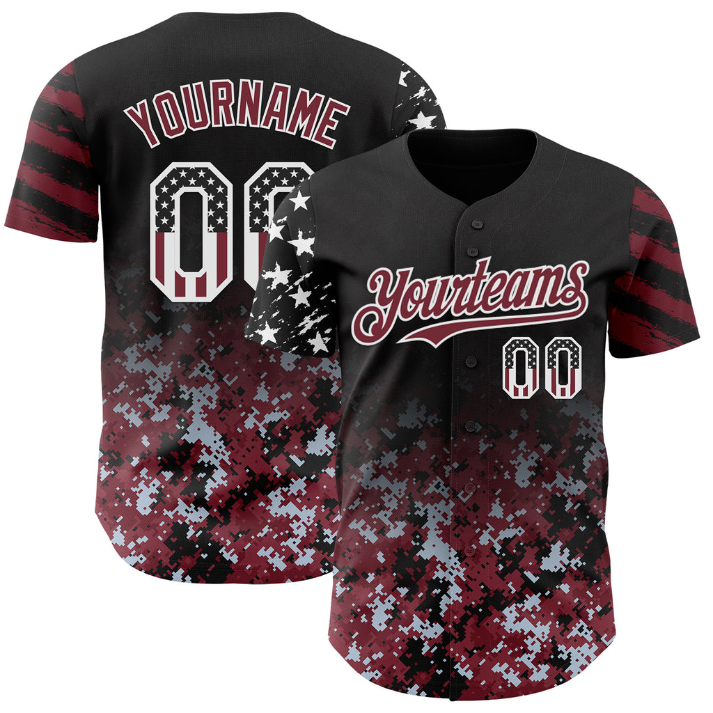 Custom Black USA Flag Camo White-Burgundy Gradient Digital Camouflage Stars & Stripes Two Tone Authentic Baseball Jersey