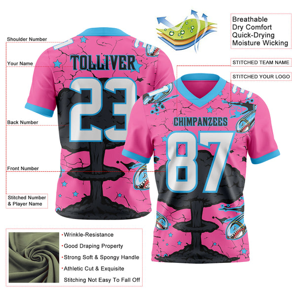 Custom Pink White Sky Blue-Black Authentic Mushroom Cloud Shark Rocket Crackle Texture 3D Pattern Football Jersey