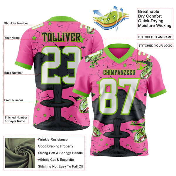 Custom Pink White Neon Green-Black Authentic Mushroom Cloud Shark Rocket Crackle Texture 3D Pattern Football Jersey