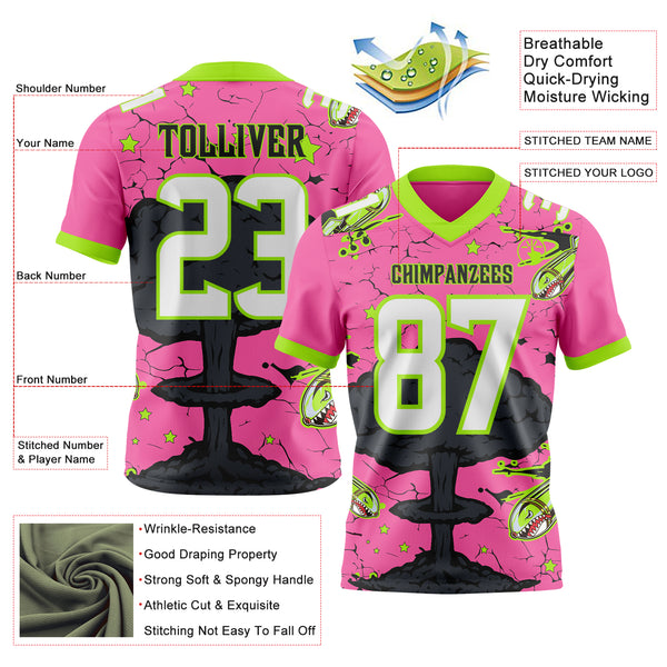 Custom Pink White Neon Green-Black Authentic Mushroom Cloud Shark Rocket Crackle Texture 3D Pattern Football Jersey