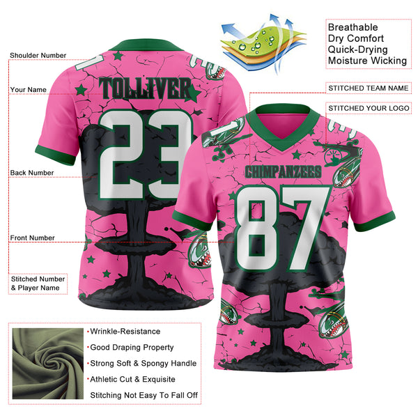Custom Pink White Kelly Green-Black Authentic Mushroom Cloud Shark Rocket Crackle Texture 3D Pattern Football Jersey