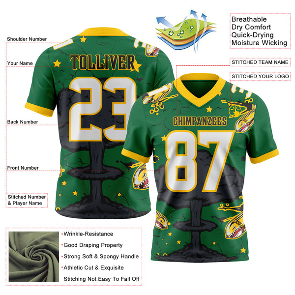 Custom Kelly Green White Yellow-Black Authentic Mushroom Cloud Shark Rocket Crackle Texture 3D Pattern Football Jersey
