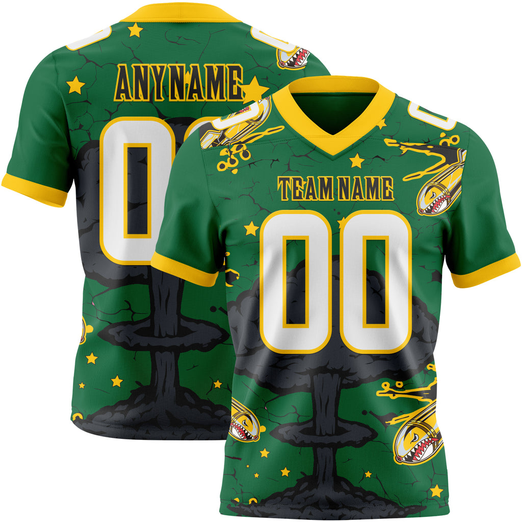 Custom Kelly Green White Yellow-Black Authentic Mushroom Cloud Shark Rocket Crackle Texture 3D Pattern Football Jersey