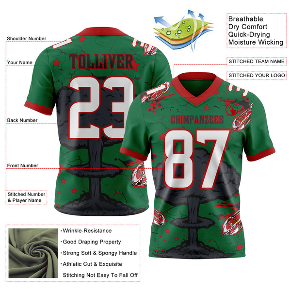 Custom Kelly Green White Red-Black Authentic Mushroom Cloud Shark Rocket Crackle Texture 3D Pattern Football Jersey