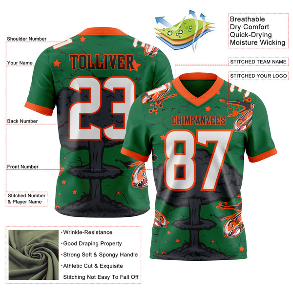Custom Kelly Green White Orange-Black Authentic Mushroom Cloud Shark Rocket Crackle Texture 3D Pattern Football Jersey