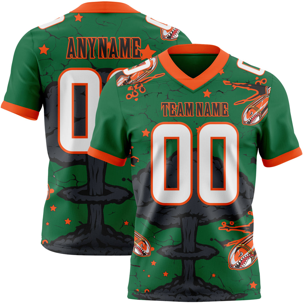 Custom Kelly Green White Orange-Black Authentic Mushroom Cloud Shark Rocket Crackle Texture 3D Pattern Football Jersey