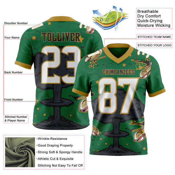 Custom Kelly Green White Old Gold-Black Authentic Mushroom Cloud Shark Rocket Crackle 3D Pattern Texture Football Jersey