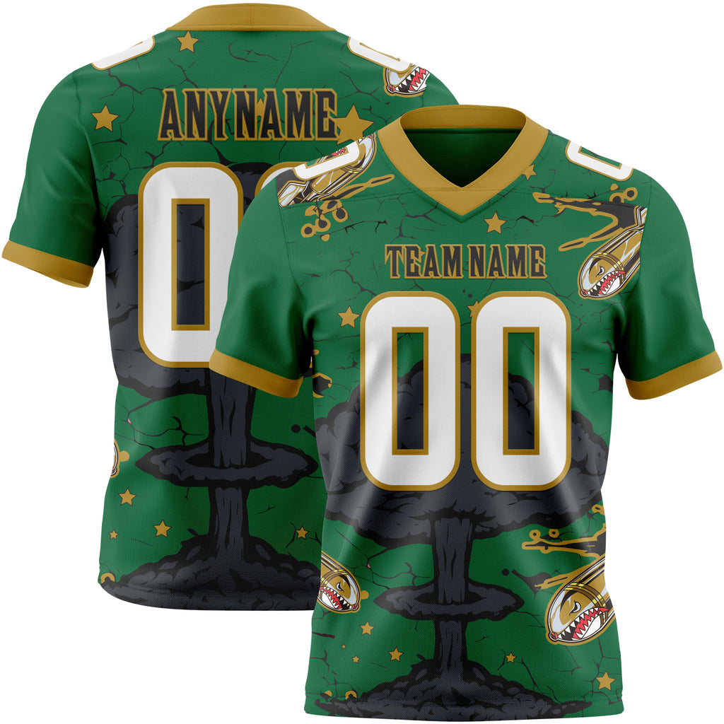 Custom Kelly Green White Old Gold-Black Authentic Mushroom Cloud Shark Rocket Crackle 3D Pattern Texture Football Jersey