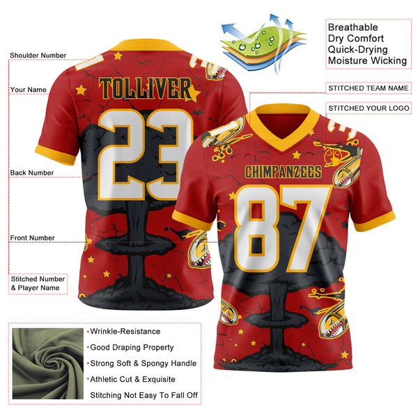 Custom Red White Gold-Black Authentic Mushroom Cloud Shark Rocket Crackle Texture 3D Pattern Football Jersey