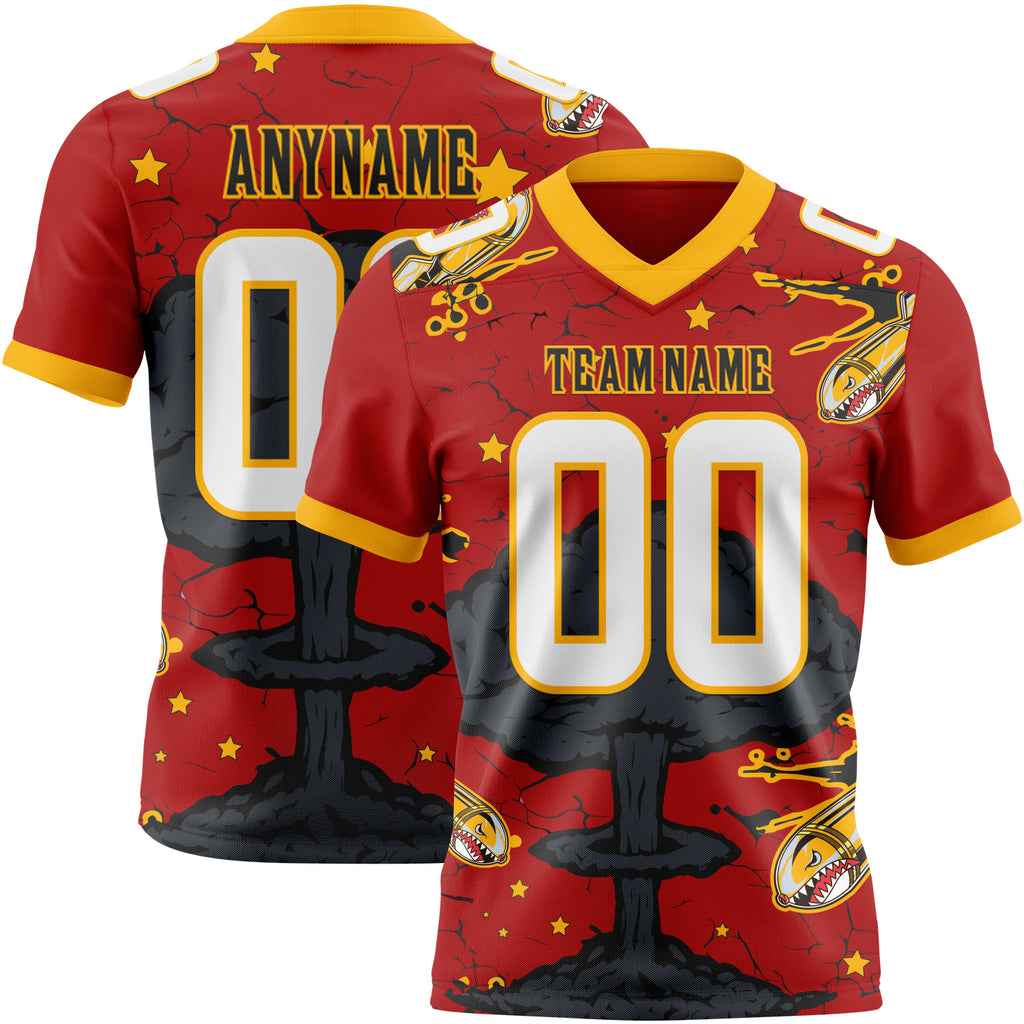 Custom Red White Gold-Black Authentic Mushroom Cloud Shark Rocket Crackle Texture 3D Pattern Football Jersey