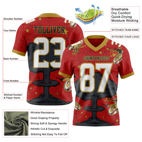 Custom Red White Old Gold-Black Authentic Mushroom Cloud Shark Rocket Crackle Texture 3D Pattern Football Jersey
