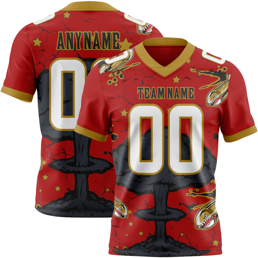 Custom Red White Old Gold-Black Authentic Mushroom Cloud Shark Rocket Crackle Texture 3D Pattern Football Jersey