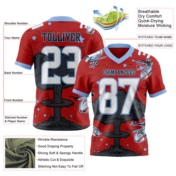 Custom Red White Light Blue-Black Authentic Mushroom Cloud Shark Rocket Crackle Texture 3D Pattern Football Jersey