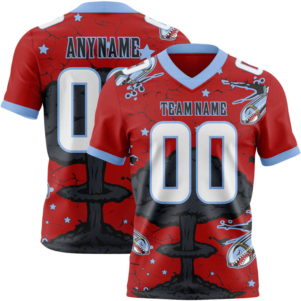 Custom Red White Light Blue-Black Authentic Mushroom Cloud Shark Rocket Crackle Texture 3D Pattern Football Jersey