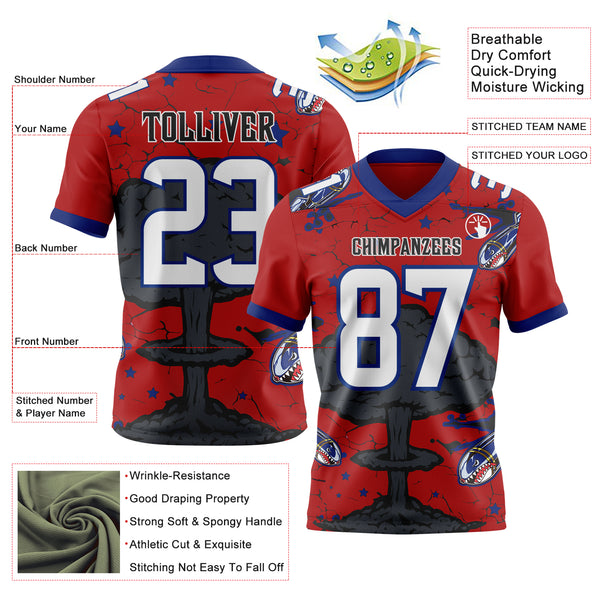Custom Red White Royal-Black Authentic Mushroom Cloud Shark Rocket Crackle Texture 3D Pattern Football Jersey