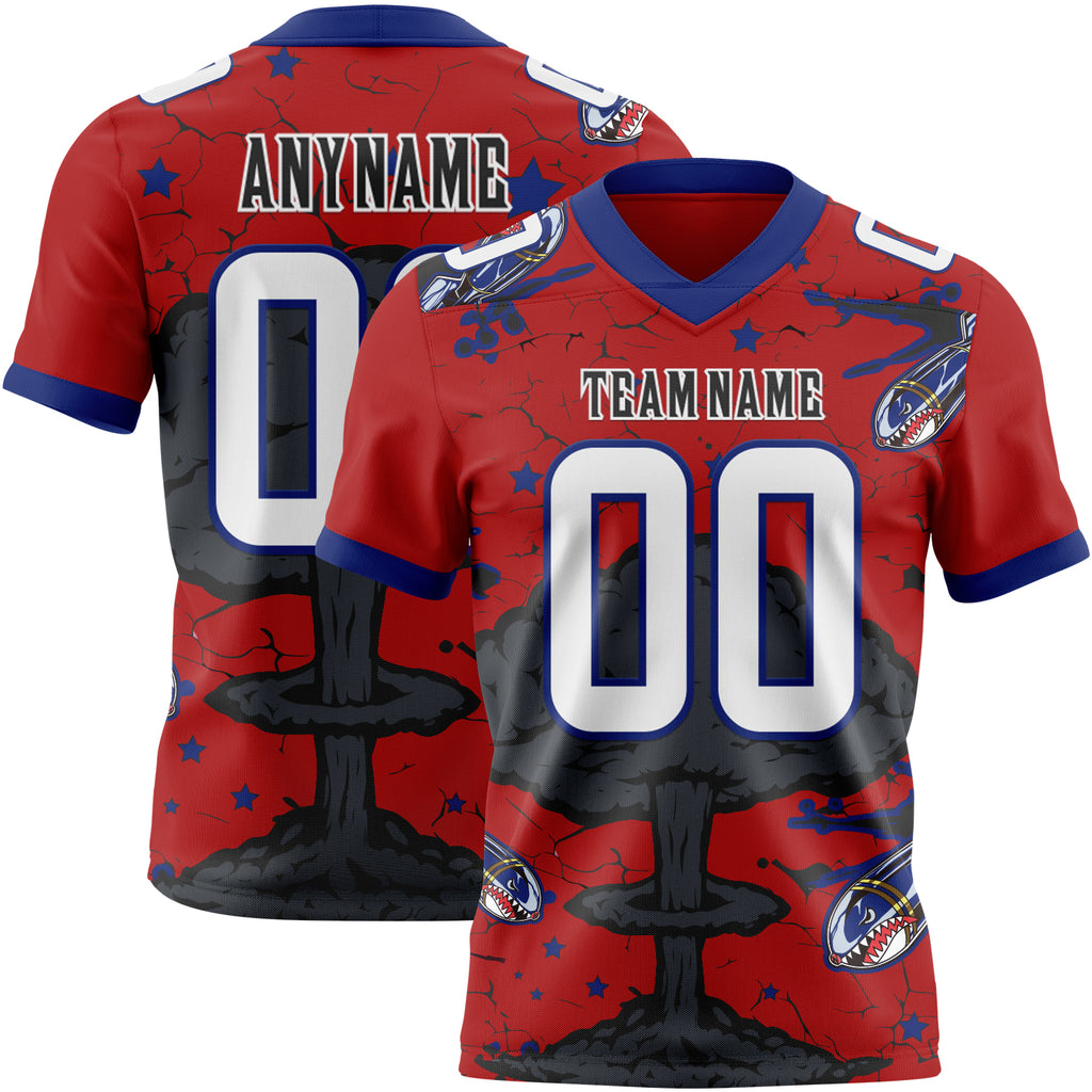 Custom Red White Royal-Black Authentic Mushroom Cloud Shark Rocket Crackle Texture 3D Pattern Football Jersey