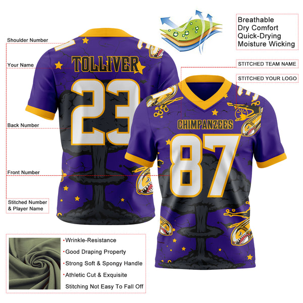 Custom Purple White Gold-Black Authentic Mushroom Cloud Shark Rocket Crackle Texture 3D Pattern Football Jersey