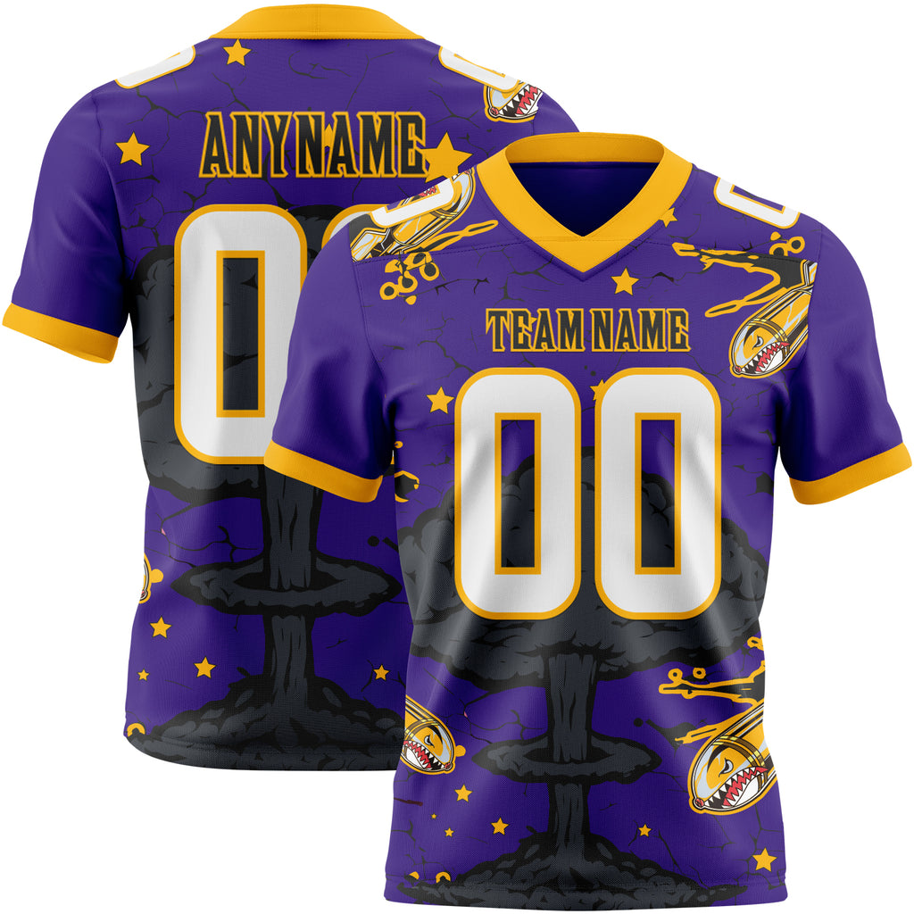 Custom Purple White Gold-Black Authentic Mushroom Cloud Shark Rocket Crackle Texture 3D Pattern Football Jersey