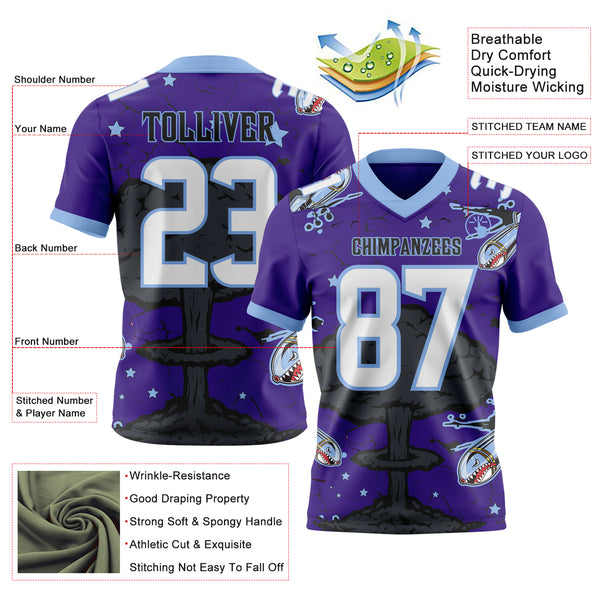 Custom Purple White Light Blue-Black Authentic Mushroom Cloud Shark Rocket Crackle Texture 3D Pattern Football Jersey