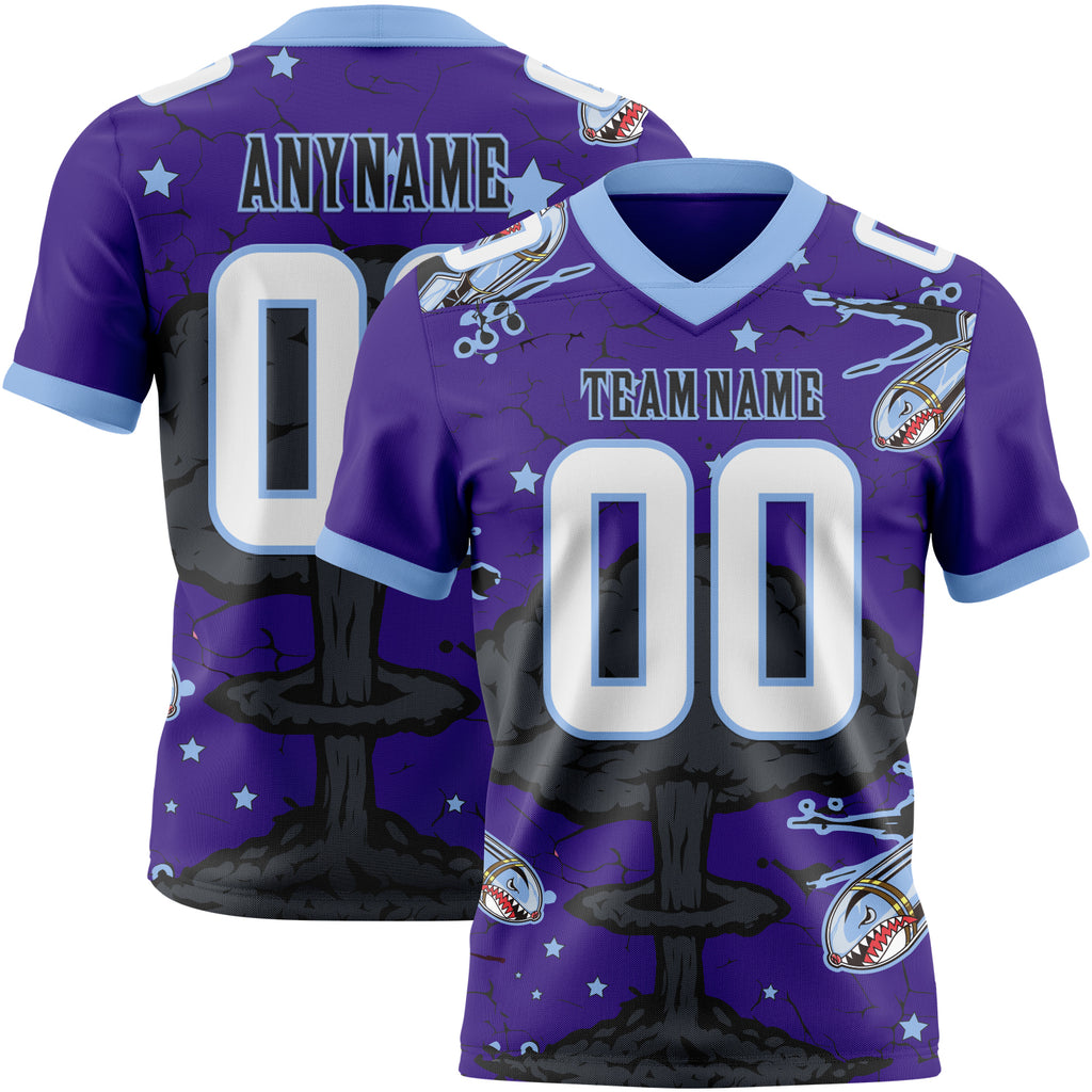 Custom Purple White Light Blue-Black Authentic Mushroom Cloud Shark Rocket Crackle Texture 3D Pattern Football Jersey