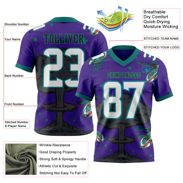 Custom Purple White Teal-Black Authentic Mushroom Cloud Shark Rocket Crackle Texture 3D Pattern Football Jersey