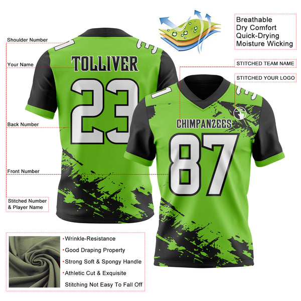Custom Neon Green White-Black Authentic Paint Brush Stroke Football Jersey