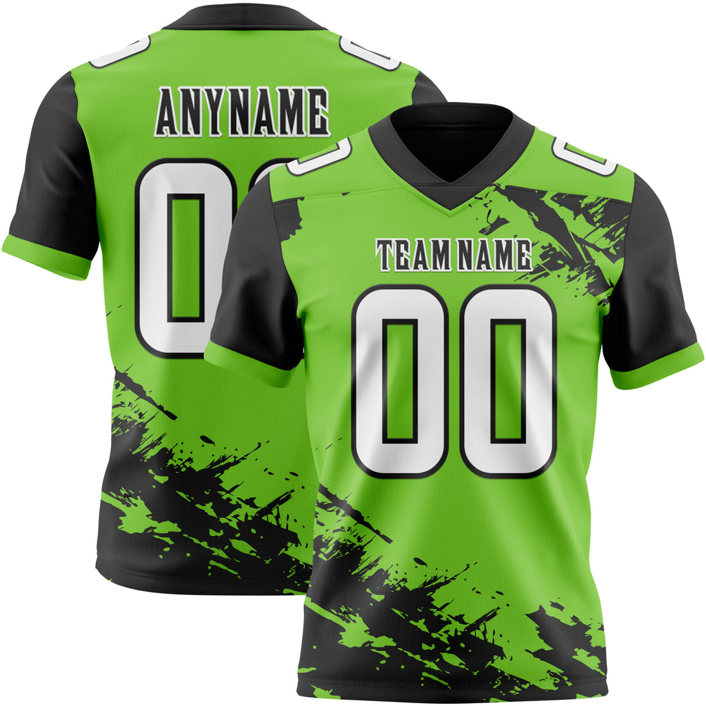Custom Neon Green White-Black Authentic Paint Brush Stroke Football Jersey