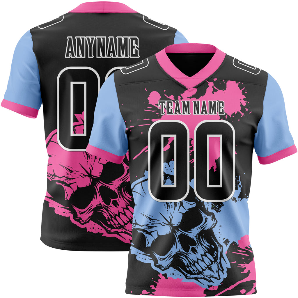 Custom Black Pink Light Blue-White Authentic Skull Paint Splatter Football Jersey