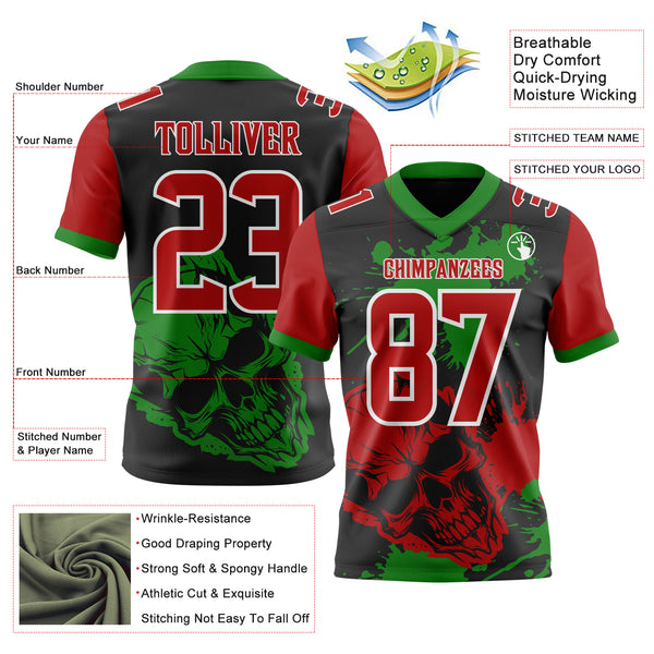 Custom Black Red Grass Green-White Authentic Skull Paint Splatter Football Jersey