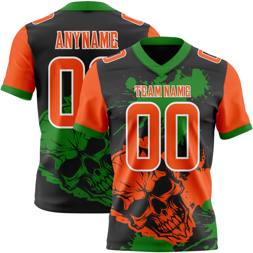 Custom Black Orange Grass Green-White Authentic Skull Paint Splatter Football Jersey